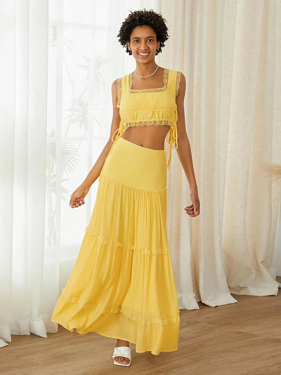 Womens 2 Piece Summer Casual Sleeveless Cropped Tank Top High Waisted Flowy Ruffle Maxi Skirt Set
