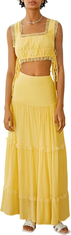 Womens 2 Piece Summer Casual Sleeveless Cropped Tank Top High Waisted Flowy Ruffle Maxi Skirt Set