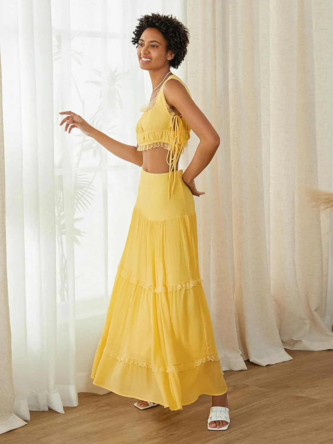 Womens 2 Piece Summer Casual Sleeveless Cropped Tank Top High Waisted Flowy Ruffle Maxi Skirt Set