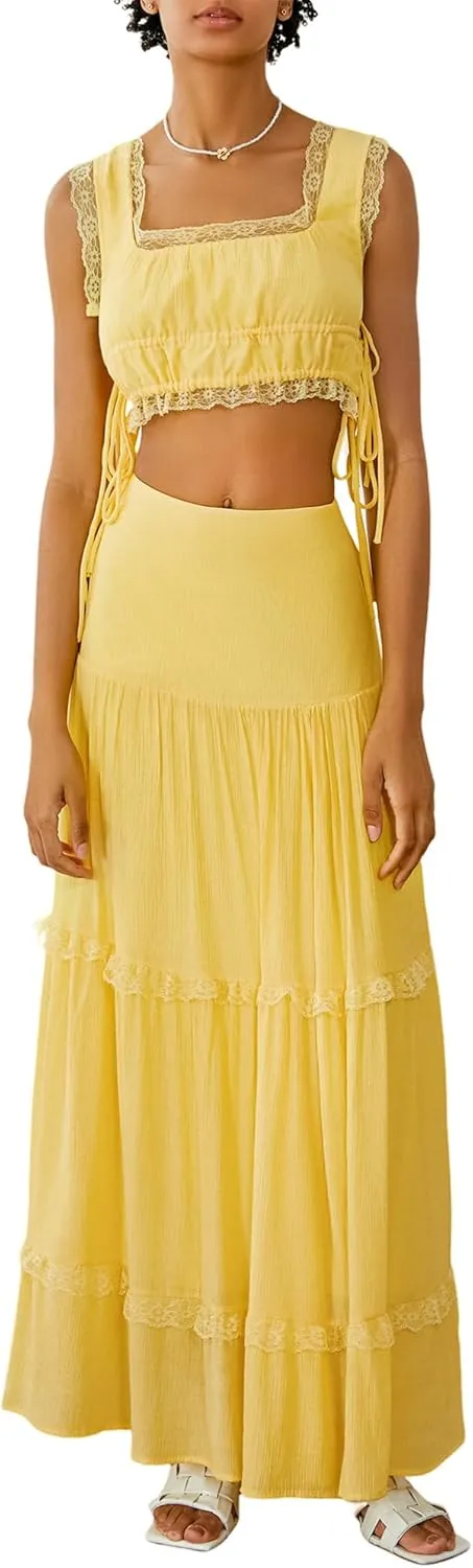 Womens 2 Piece Summer Casual Sleeveless Cropped Tank Top High Waisted Flowy Ruffle Maxi Skirt Set