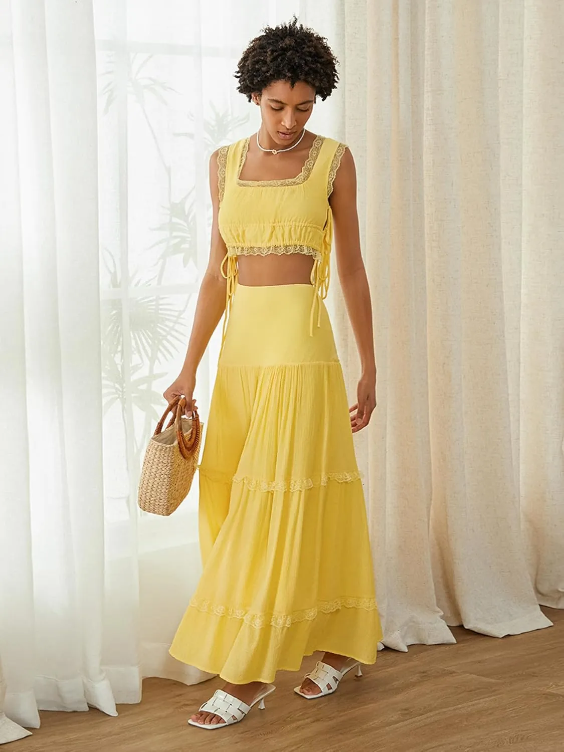 Womens 2 Piece Summer Casual Sleeveless Cropped Tank Top High Waisted Flowy Ruffle Maxi Skirt Set