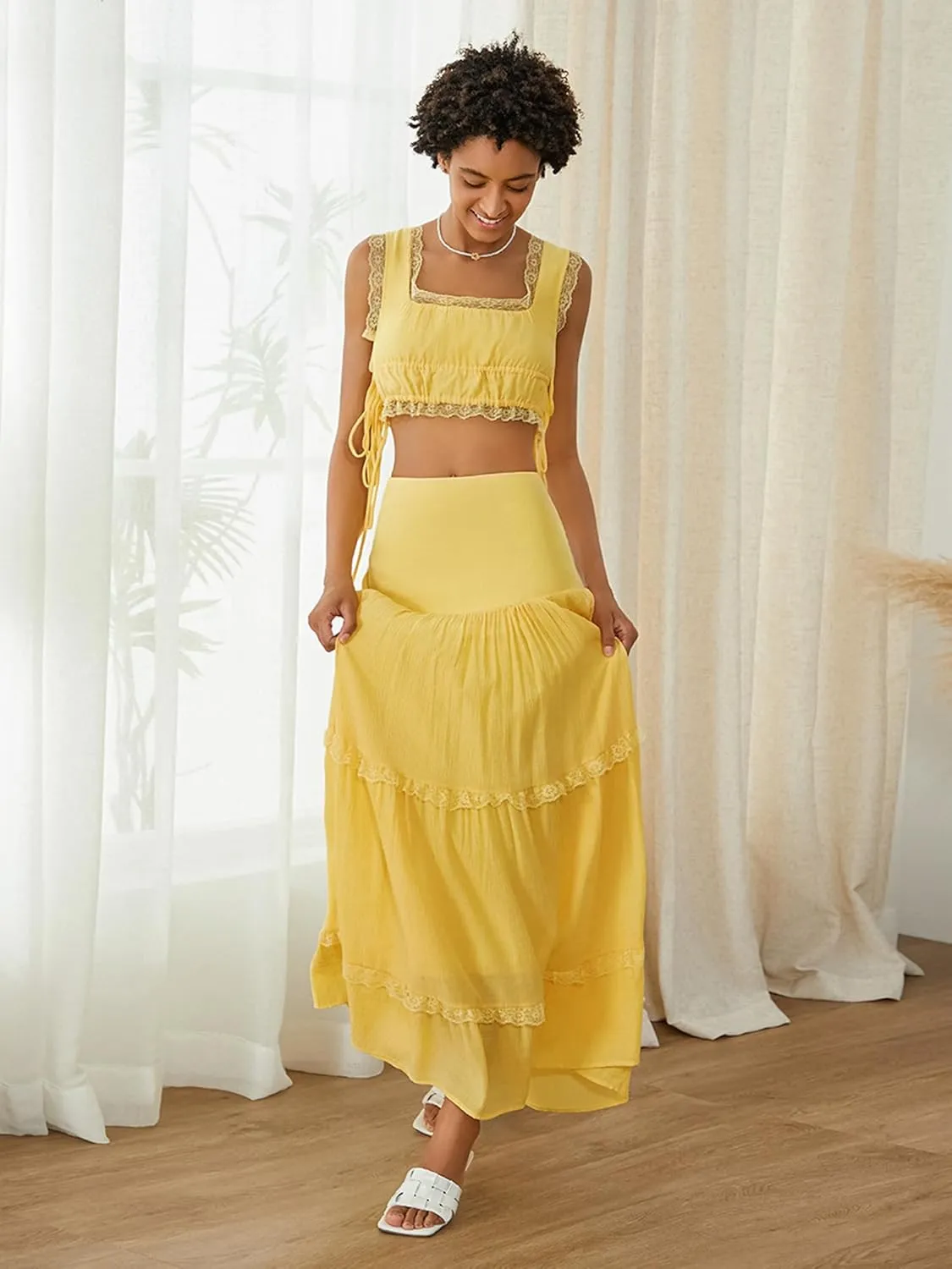 Womens 2 Piece Summer Casual Sleeveless Cropped Tank Top High Waisted Flowy Ruffle Maxi Skirt Set