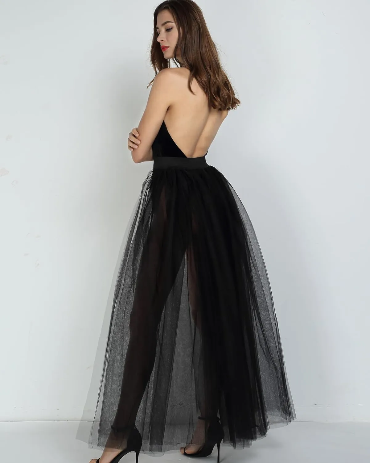Women's 4 Layers Maxi Tulle Overlay Long Tutu Tulle Dresses Floor Length Elastic Waist Bustle Skirt for Festival Party