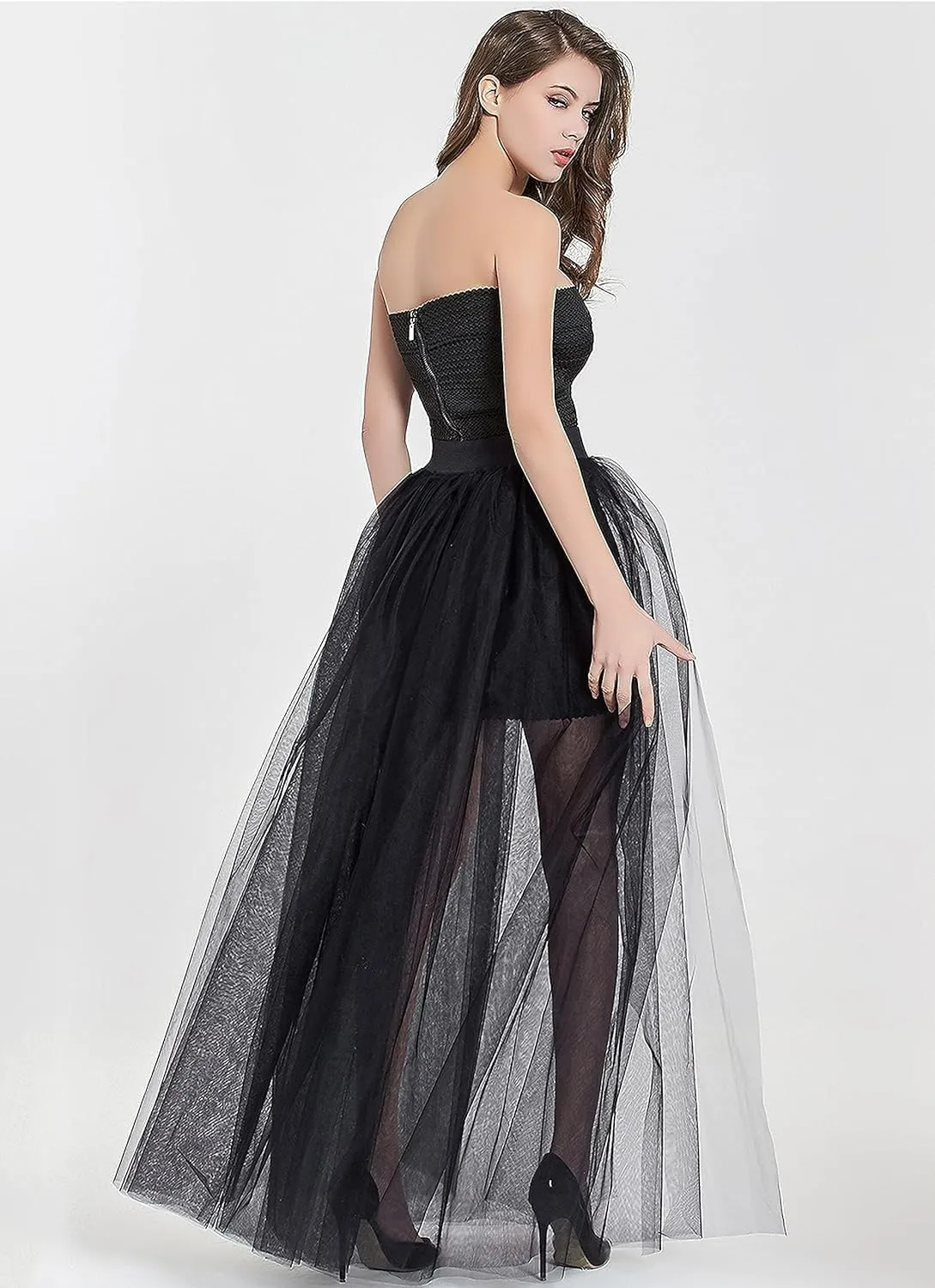 Women's 4 Layers Maxi Tulle Overlay Long Tutu Tulle Dresses Floor Length Elastic Waist Bustle Skirt for Festival Party