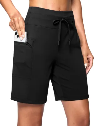 Women's 7" Athletic Bermuda Shorts with Side Pockets High Waisted Stretchy Long Shorts for Women Gym Running Casual