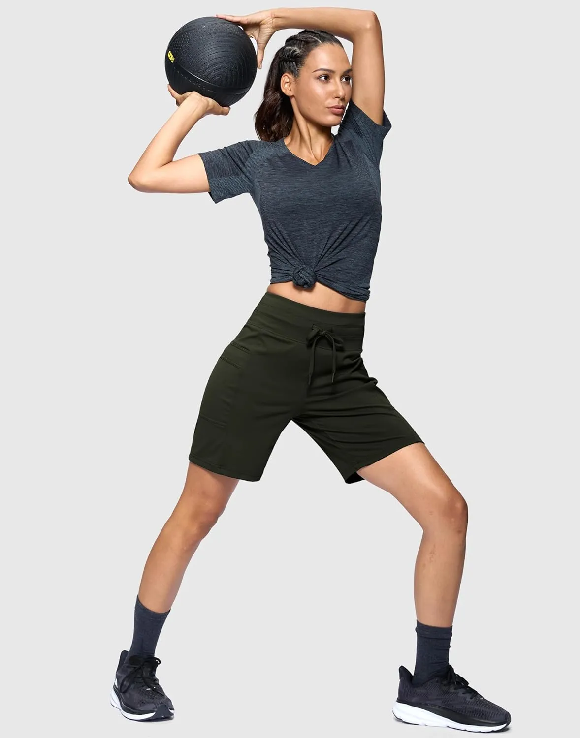 Women's 7" Athletic Bermuda Shorts with Side Pockets High Waisted Stretchy Long Shorts for Women Gym Running Casual