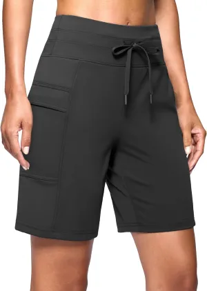 Women's 7" Athletic Bermuda Shorts with Side Pockets High Waisted Stretchy Long Shorts for Women Gym Running Casual