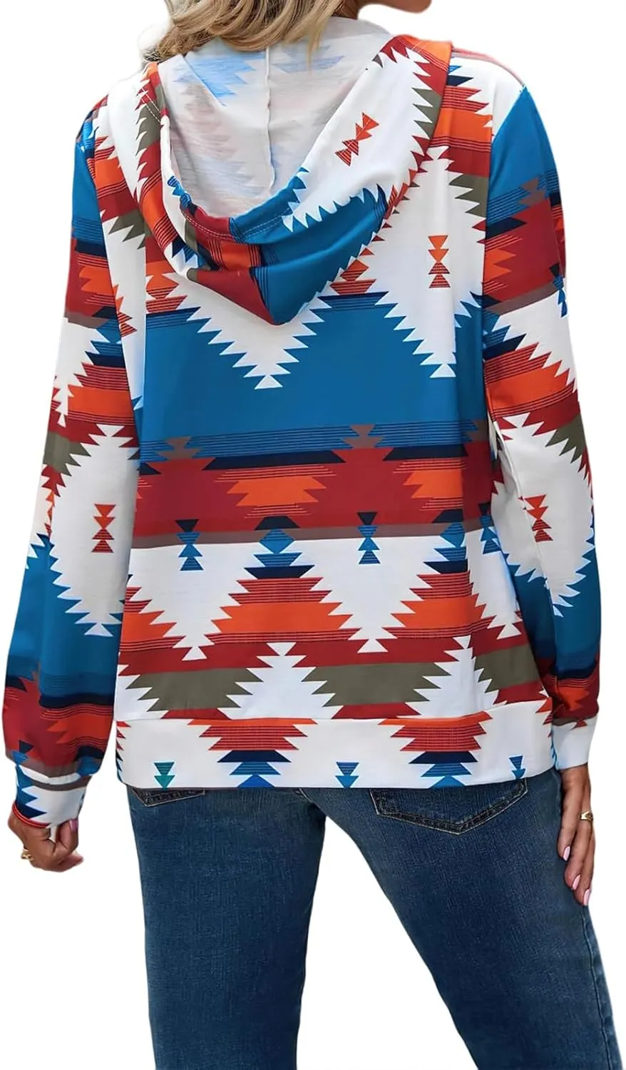 Women's Aztec Pattern Western Coats Ethnic Style Hooded Sweatshirts Casual Long Sleeve Zip Up Vintage Jackets