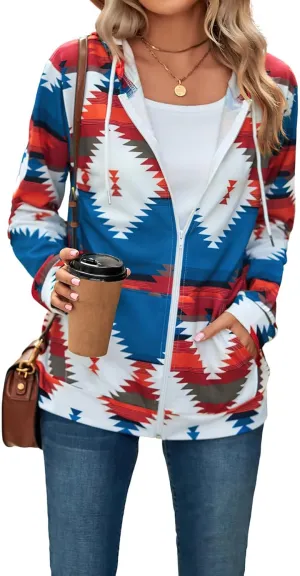 Women's Aztec Pattern Western Coats Ethnic Style Hooded Sweatshirts Casual Long Sleeve Zip Up Vintage Jackets