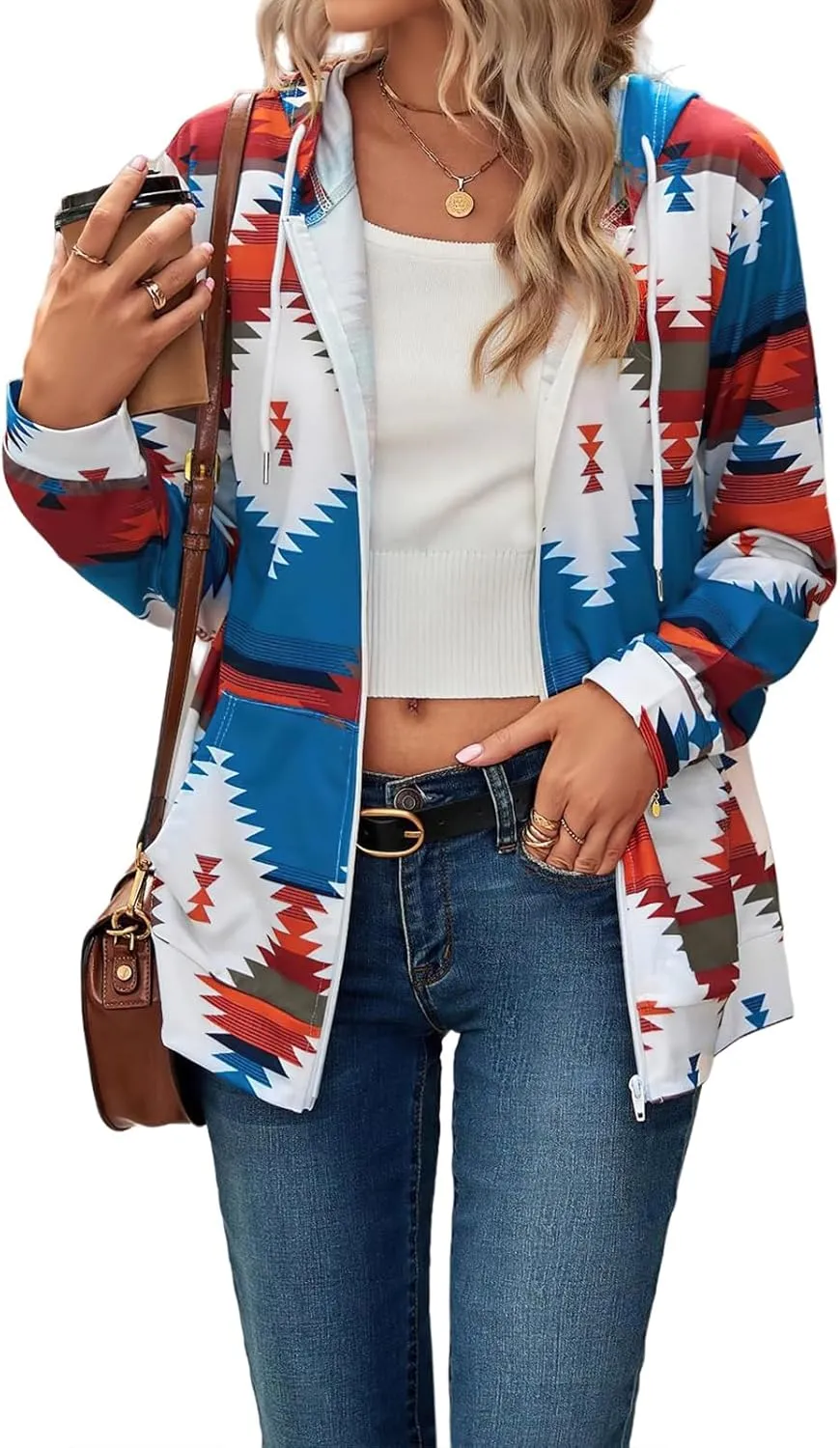 Women's Aztec Pattern Western Coats Ethnic Style Hooded Sweatshirts Casual Long Sleeve Zip Up Vintage Jackets
