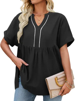 Womens Babydoll Tops V Neck Short Sleeve T Shirt Casual Cute Peplum Oversized Tunic Loose Fit Shirts