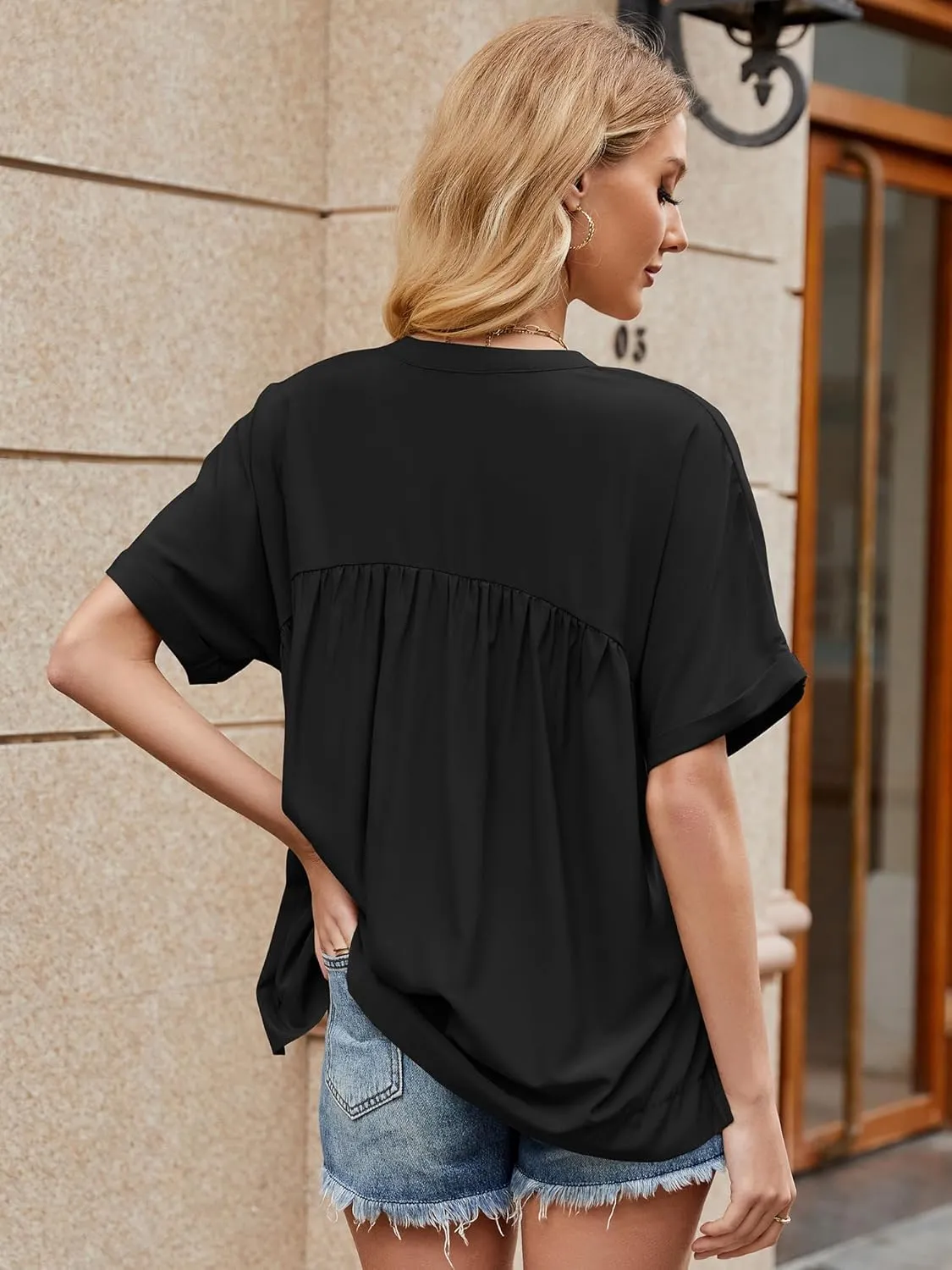 Womens Babydoll Tops V Neck Short Sleeve T Shirt Casual Cute Peplum Oversized Tunic Loose Fit Shirts