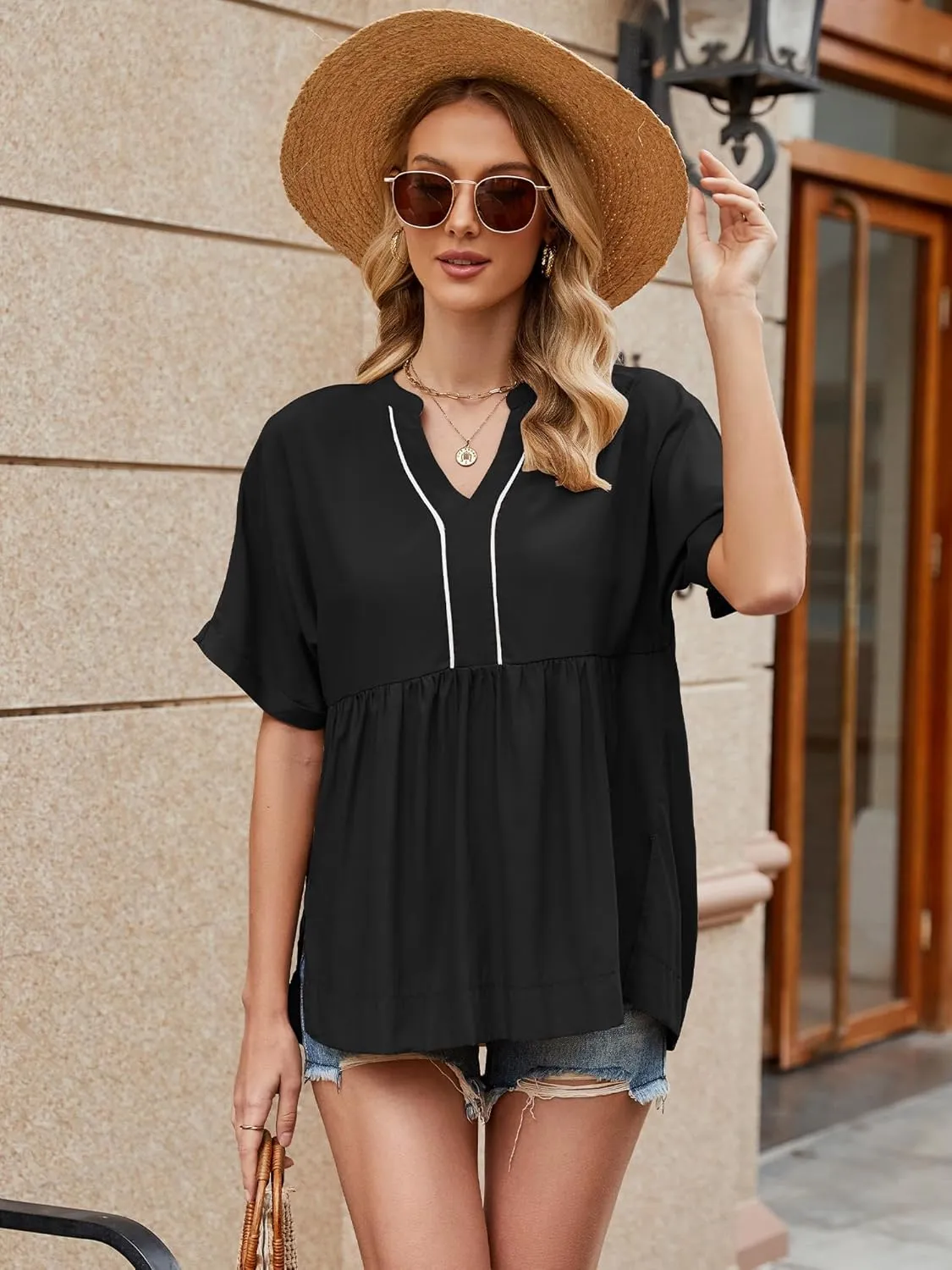 Womens Babydoll Tops V Neck Short Sleeve T Shirt Casual Cute Peplum Oversized Tunic Loose Fit Shirts