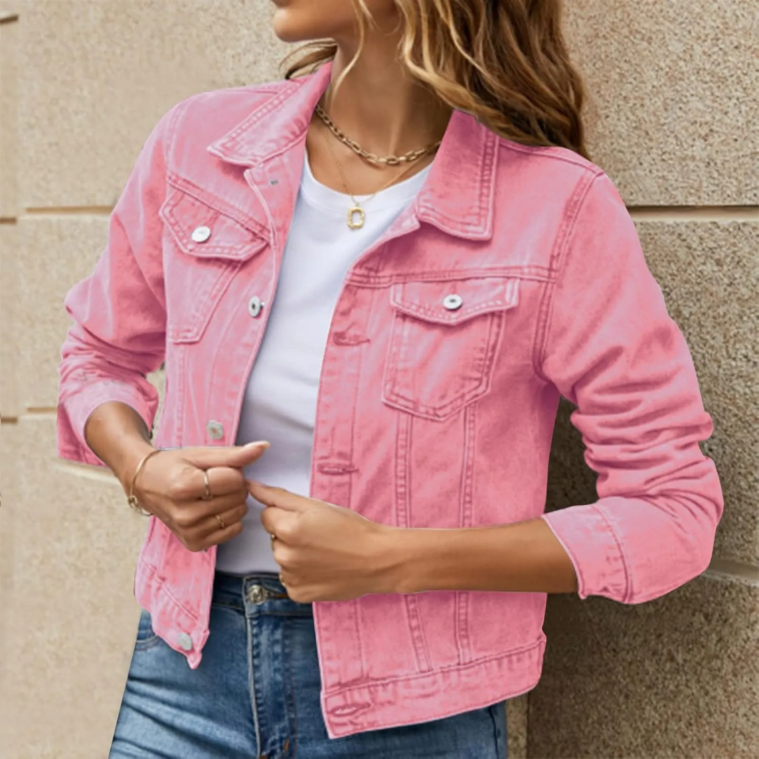 Women's Basic Solid Color Button Down Denim With Pockets Denim Coat Little Denim Jacket