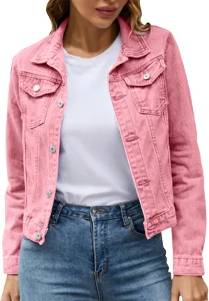 Women's Basic Solid Color Button Down Denim With Pockets Denim Coat Little Denim Jacket