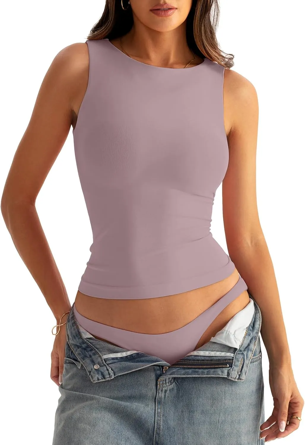Womens Boat Neck Seamless Tank Tops Sleeveless Double Layering Shirts Basic Going Out Tops Summer Outfits
