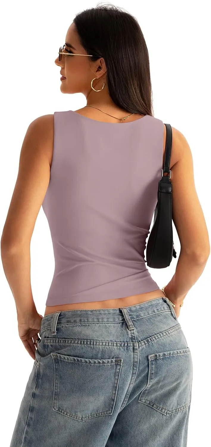Womens Boat Neck Seamless Tank Tops Sleeveless Double Layering Shirts Basic Going Out Tops Summer Outfits