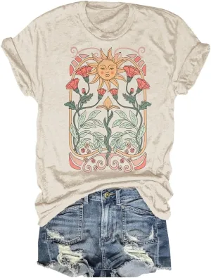 Women's Boho Floral T Shirt Summer Casual Art Nouveau Wildflowers Vintage Flowers Nature Graphic Tees Tops