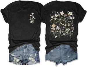 Women's Botanical Flowers Graphic Shirts Boho Wildflowers Tshirts Floral Print Casual Short Sleeve Tees Tops