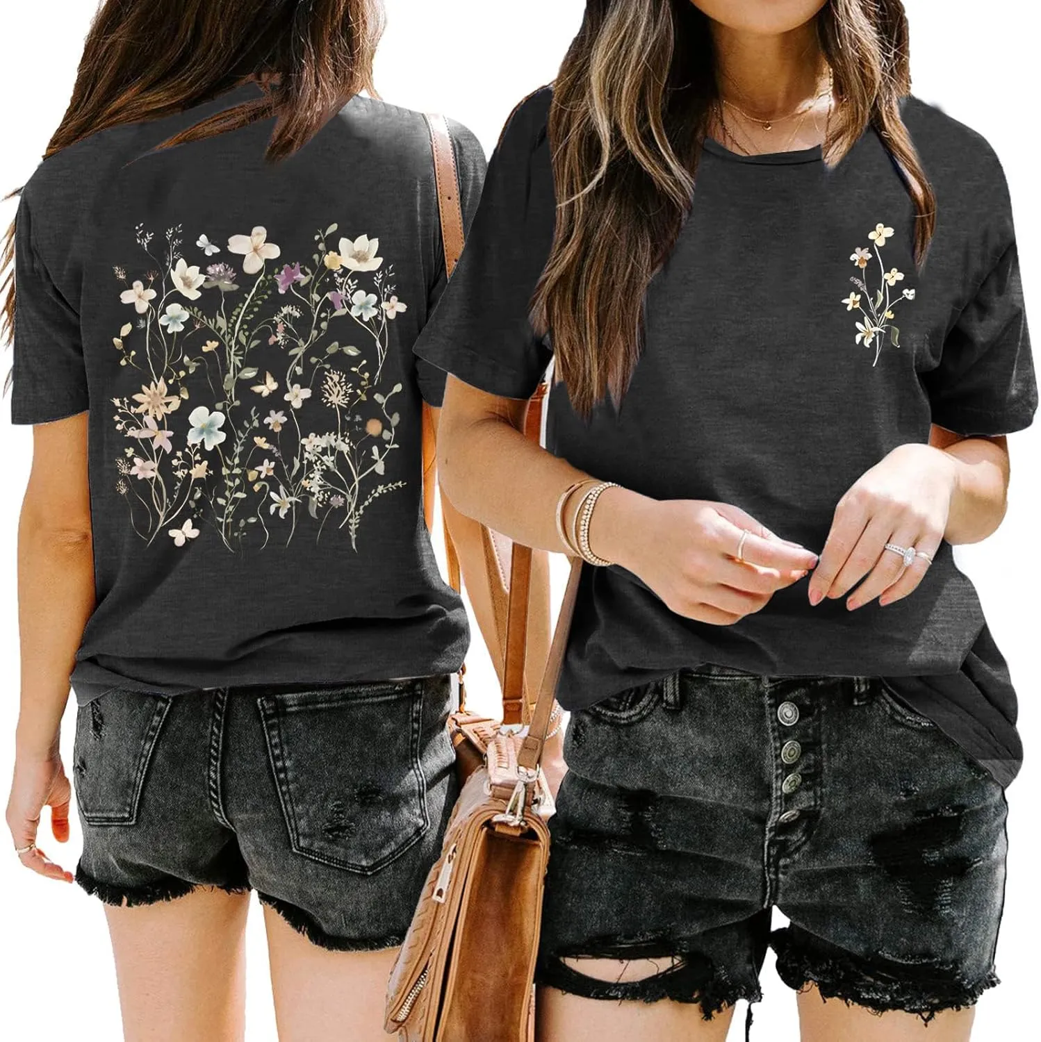 Women's Botanical Flowers Graphic Shirts Boho Wildflowers Tshirts Floral Print Casual Short Sleeve Tees Tops
