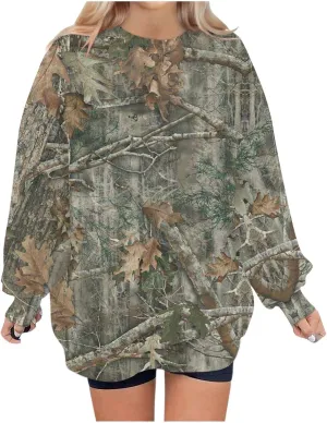 Women's Camo Sweatshirt Maple-Leaf Print Oversized Sweatshirt Fleece Crewneck Shirts Casual Fall Pullover Tops