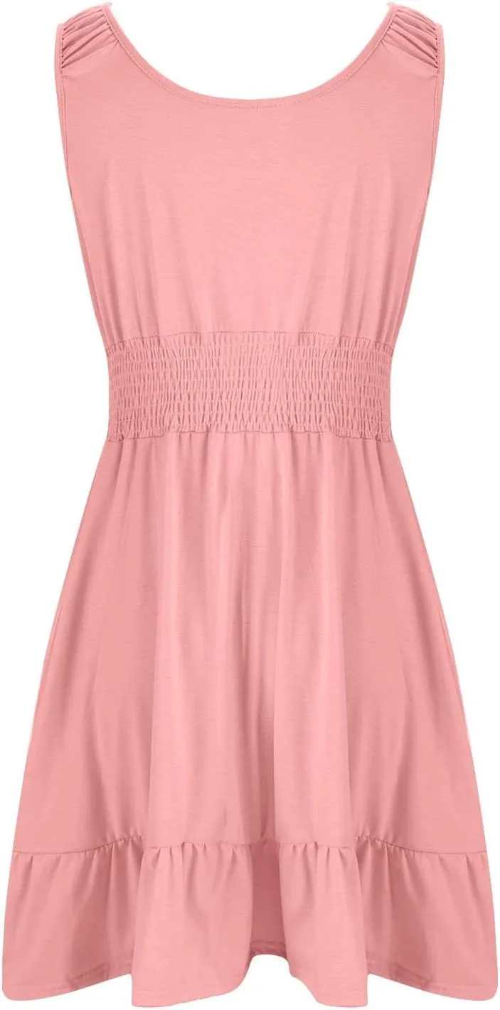 Women's Casual A Line Dresses Sleeveless Crew Neck Midi Dress Ruffled Layers Lightweight Shirred Waist Flared Sundress