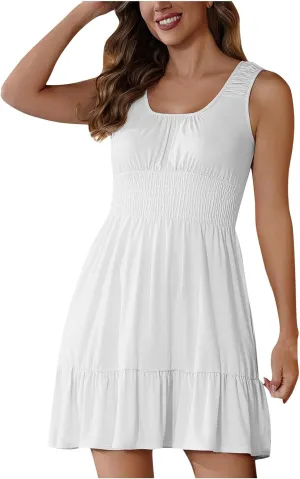 Women's Casual A Line Dresses Sleeveless Crew Neck Midi Dress Ruffled Layers Lightweight Shirred Waist Flared Sundress