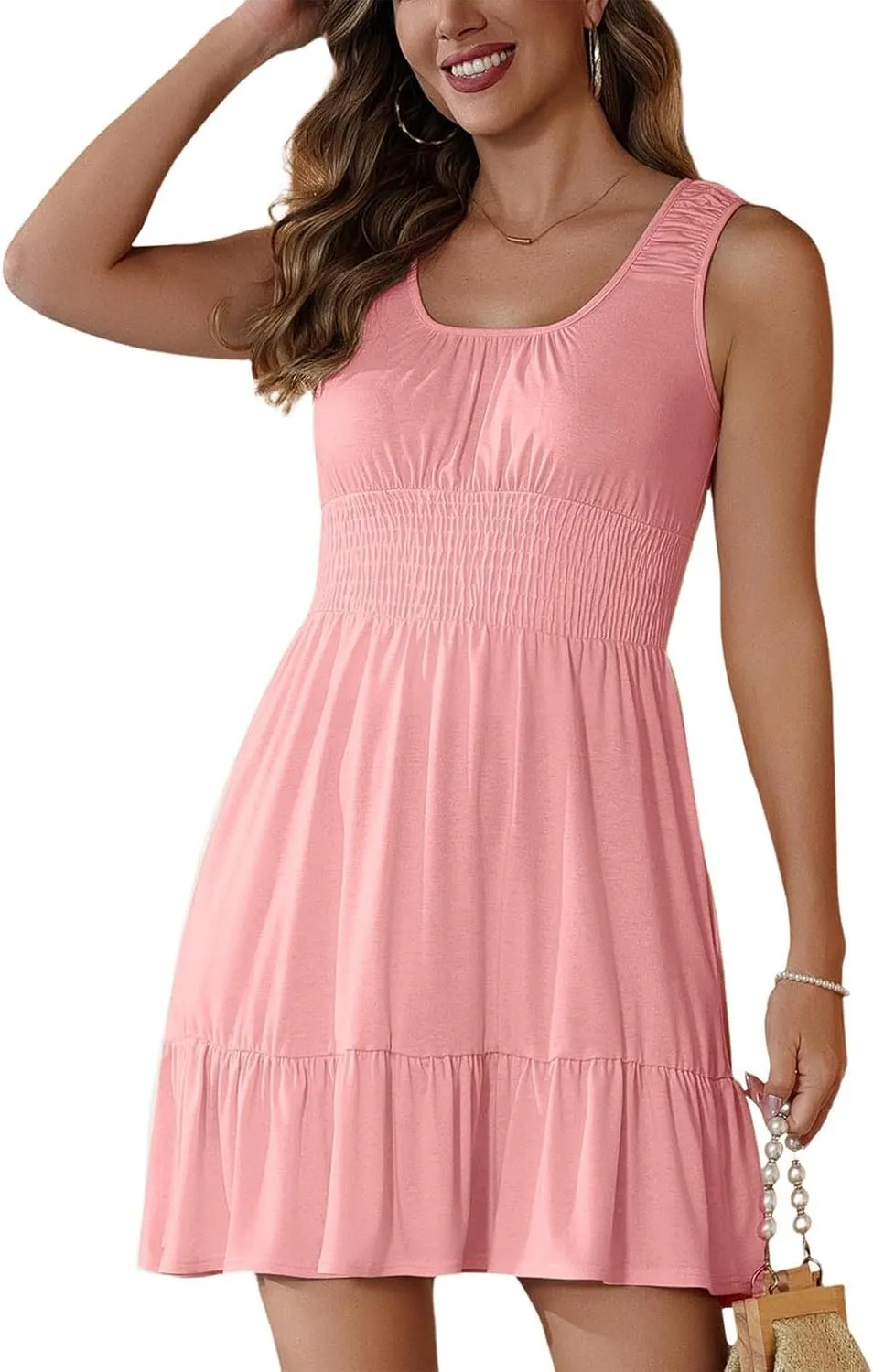 Women's Casual A Line Dresses Sleeveless Crew Neck Midi Dress Ruffled Layers Lightweight Shirred Waist Flared Sundress