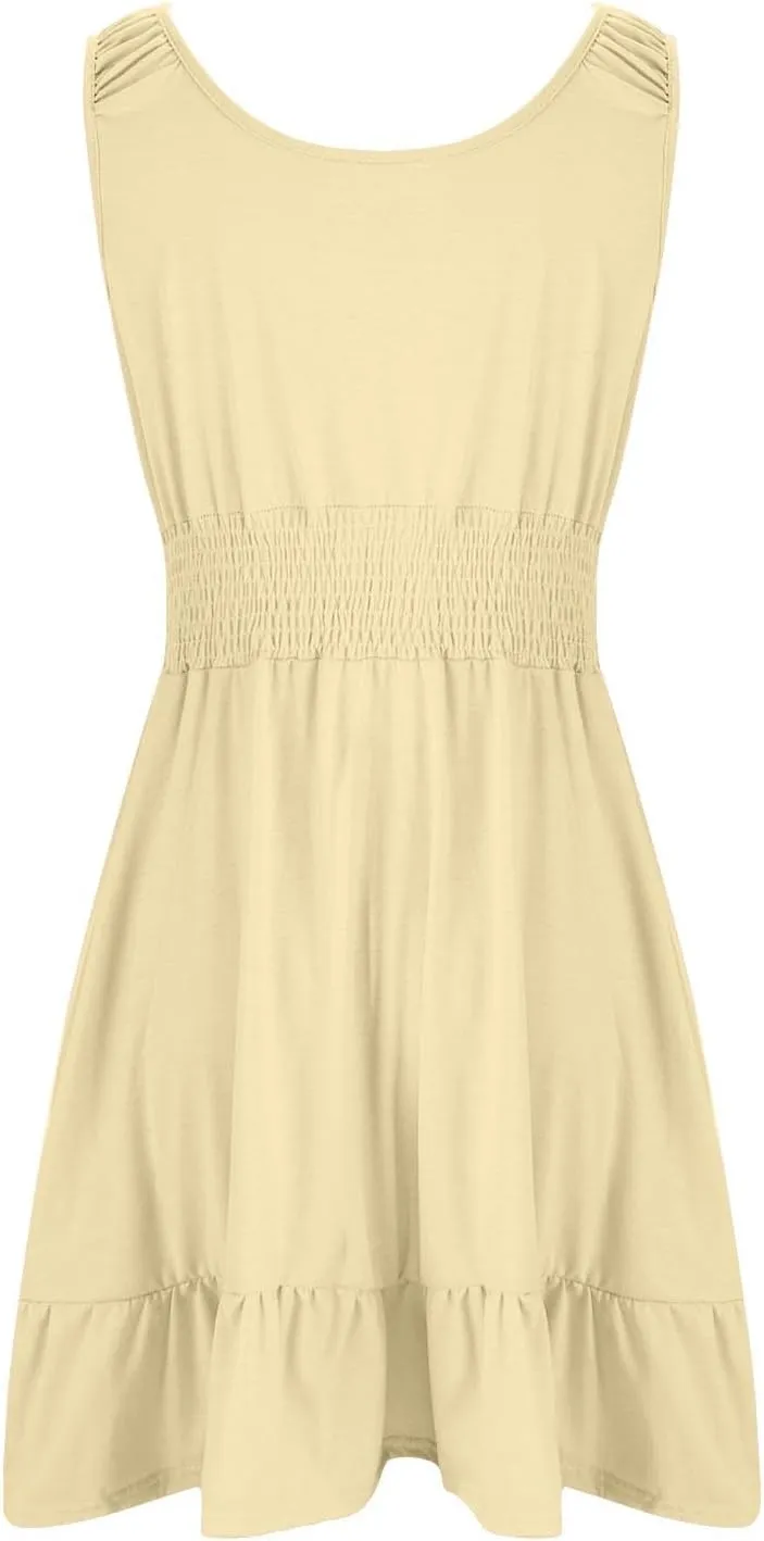 Women's Casual A Line Dresses Sleeveless Crew Neck Midi Dress Ruffled Layers Lightweight Shirred Waist Flared Sundress