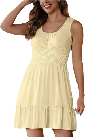 Women's Casual A Line Dresses Sleeveless Crew Neck Midi Dress Ruffled Layers Lightweight Shirred Waist Flared Sundress