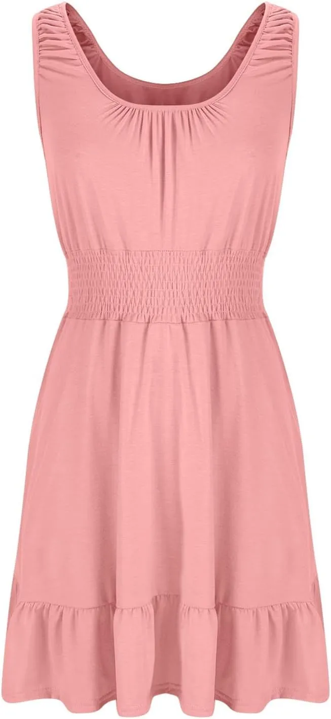 Women's Casual A Line Dresses Sleeveless Crew Neck Midi Dress Ruffled Layers Lightweight Shirred Waist Flared Sundress