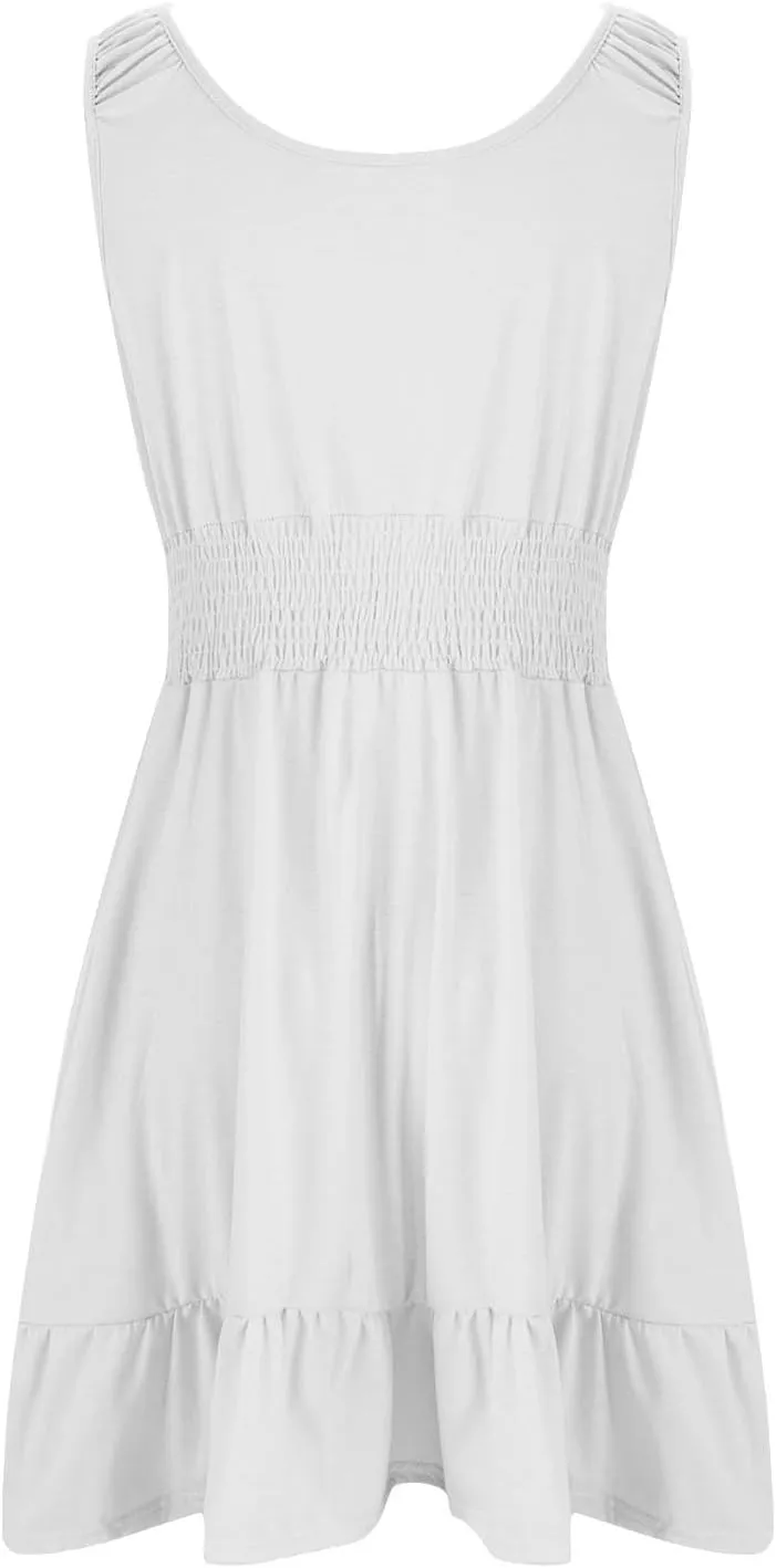 Women's Casual A Line Dresses Sleeveless Crew Neck Midi Dress Ruffled Layers Lightweight Shirred Waist Flared Sundress