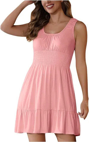 Women's Casual A Line Dresses Sleeveless Crew Neck Midi Dress Ruffled Layers Lightweight Shirred Waist Flared Sundress