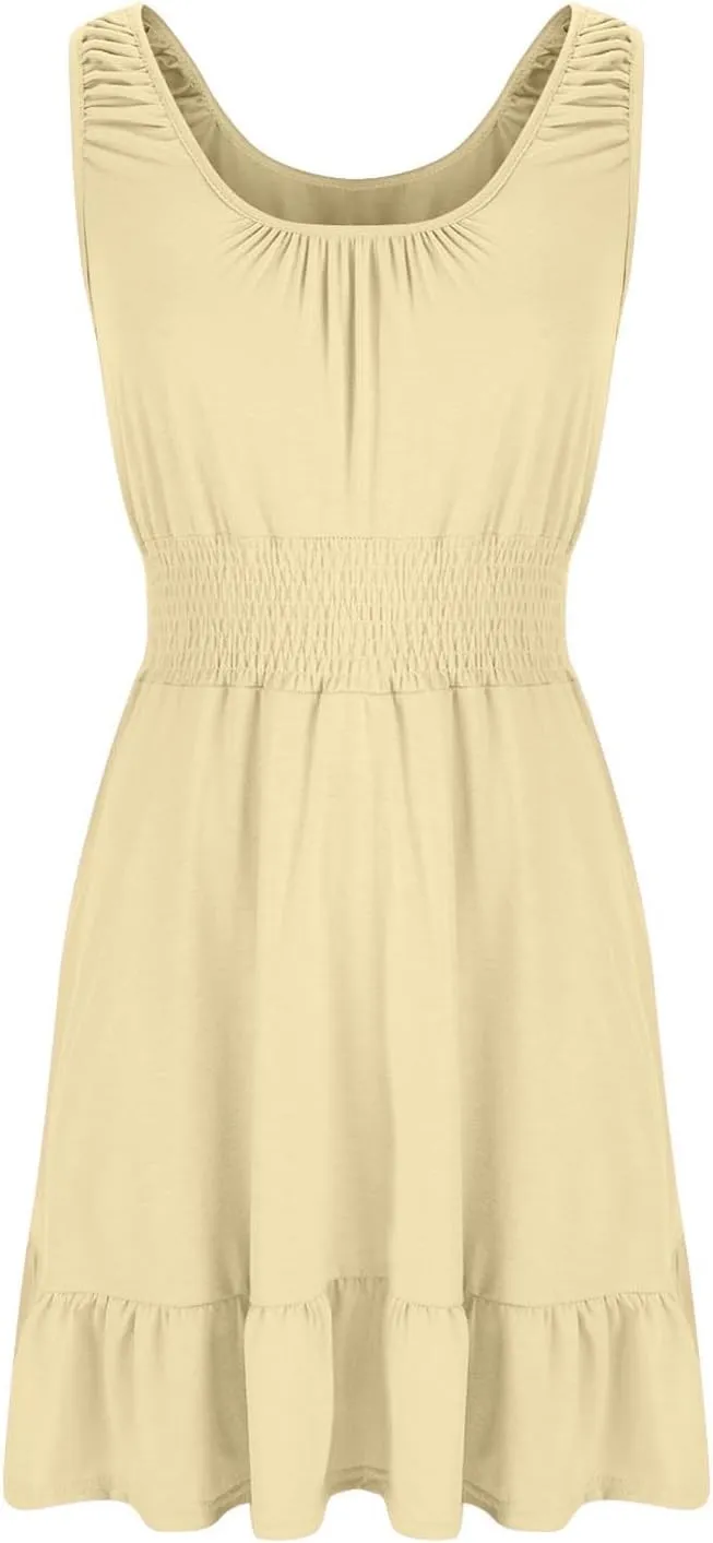 Women's Casual A Line Dresses Sleeveless Crew Neck Midi Dress Ruffled Layers Lightweight Shirred Waist Flared Sundress