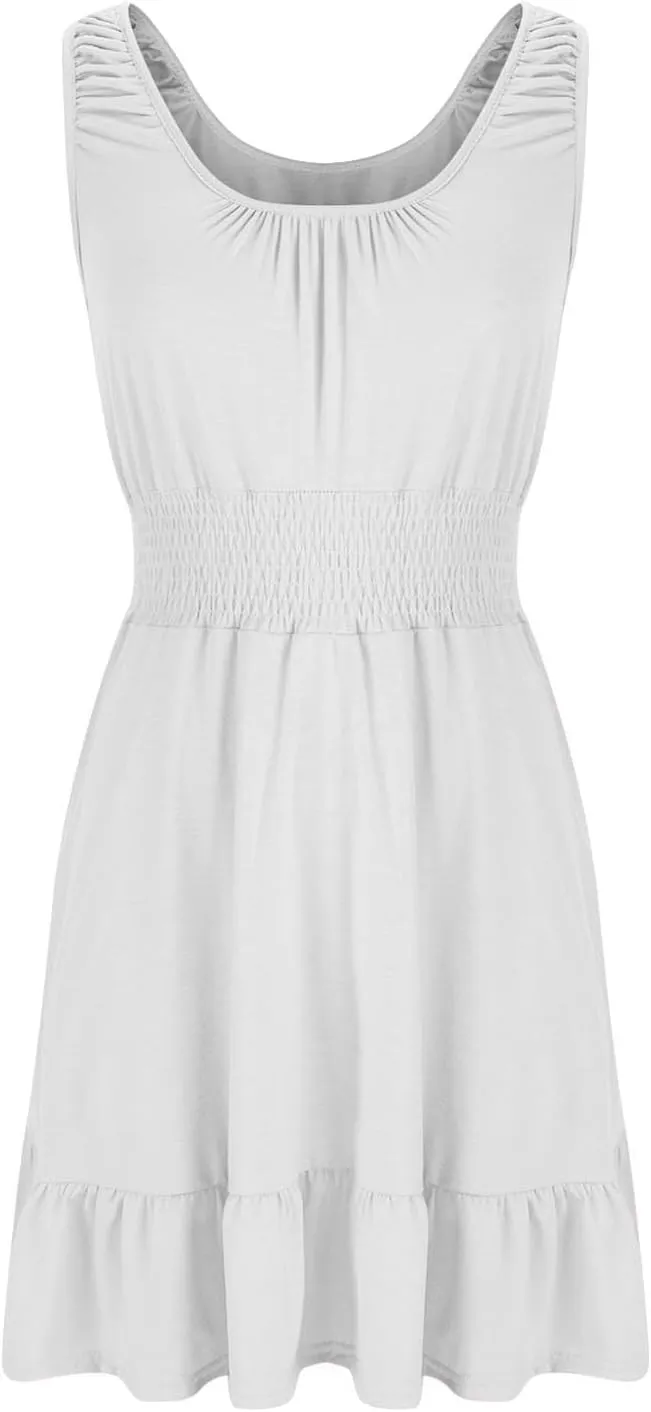 Women's Casual A Line Dresses Sleeveless Crew Neck Midi Dress Ruffled Layers Lightweight Shirred Waist Flared Sundress