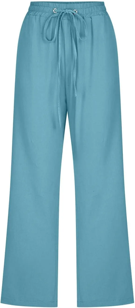 Womens Casual Capri Linen Pants Summer Drawstring Elastic High Waist Pant Straight Wide Leg Cropped Trouser