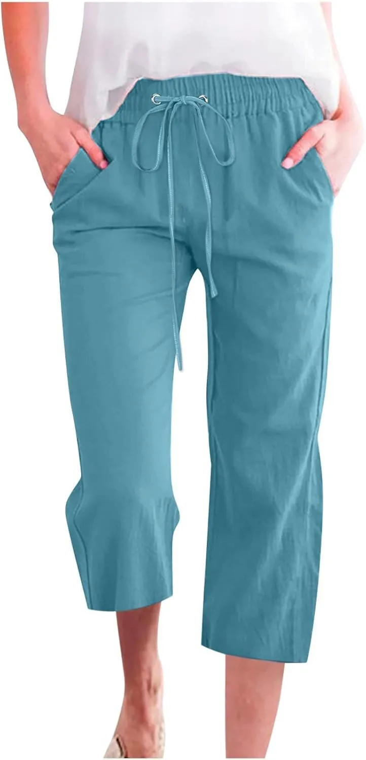 Womens Casual Capri Linen Pants Summer Drawstring Elastic High Waist Pant Straight Wide Leg Cropped Trouser
