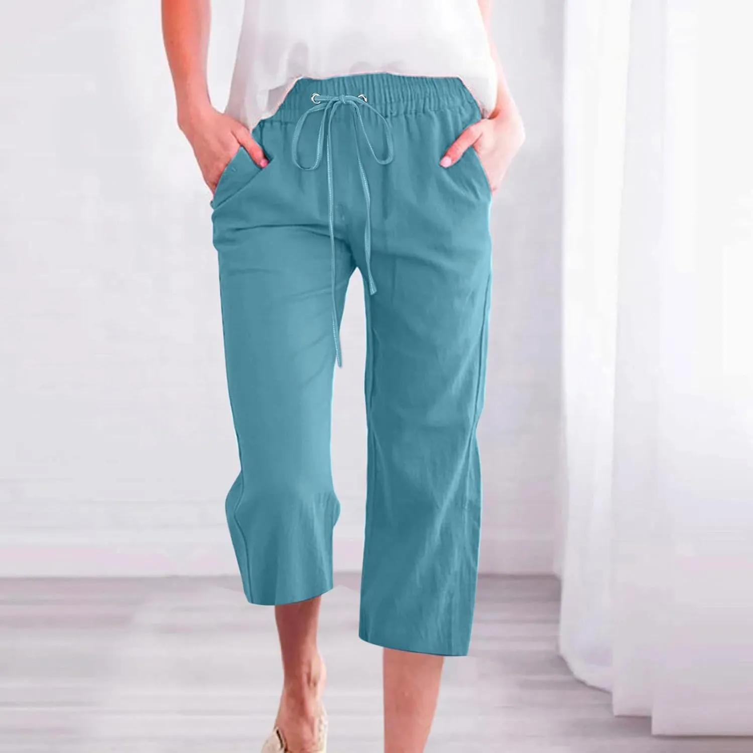 Womens Casual Capri Linen Pants Summer Drawstring Elastic High Waist Pant Straight Wide Leg Cropped Trouser