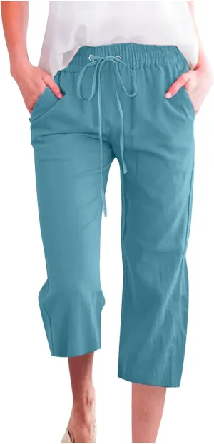 Womens Casual Capri Linen Pants Summer Drawstring Elastic High Waist Pant Straight Wide Leg Cropped Trouser