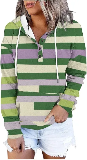 Women's Casual Striped Printed Hoodies Tops Button Pocket Long Sleeve Hooded Sweatshirts Fall Pullover Tops