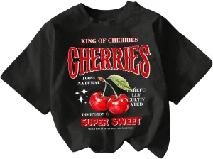 Women's Cherry Leopard T Shirts Crew Neck Short Sleeve Graphic Tees Slim Fit Crop Tops