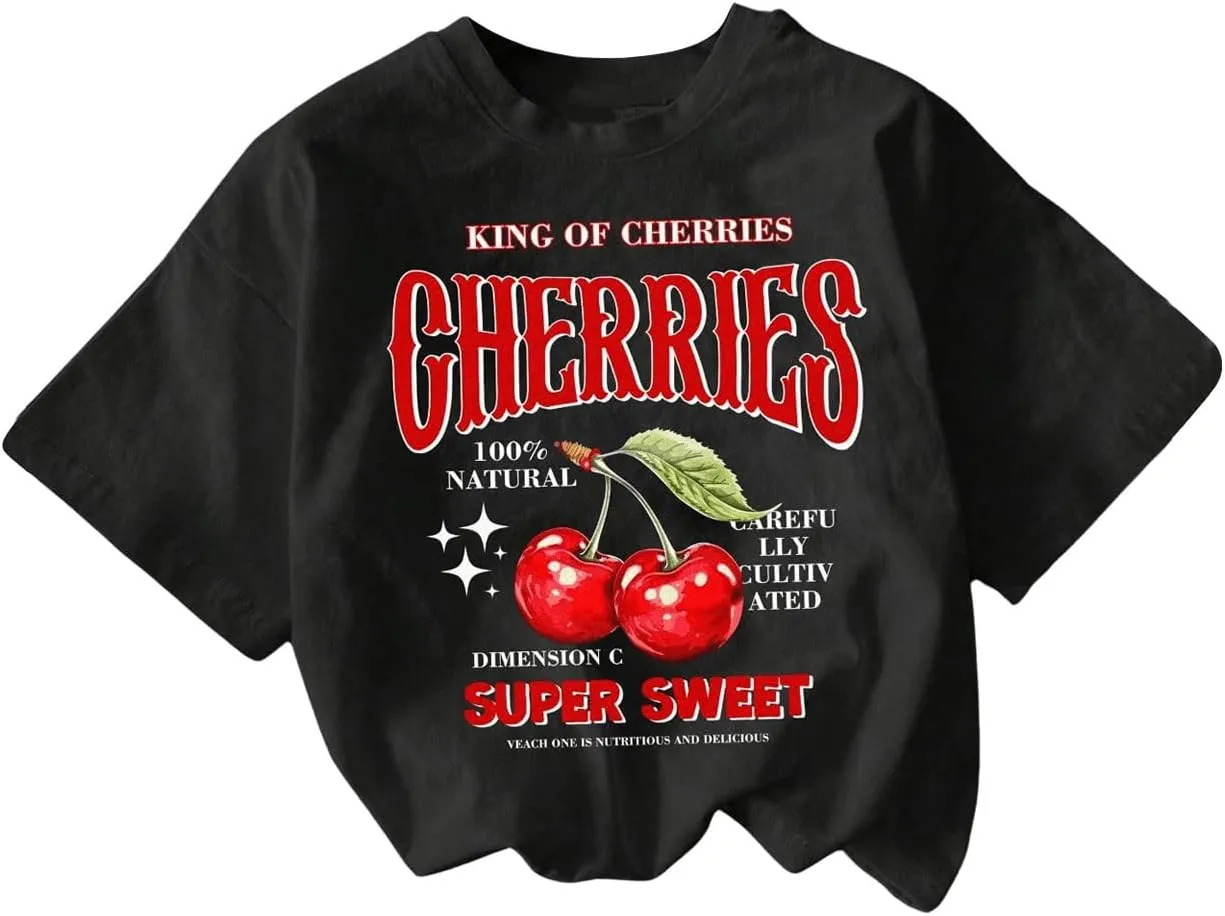Women's Cherry Leopard T Shirts Crew Neck Short Sleeve Graphic Tees Slim Fit Crop Tops