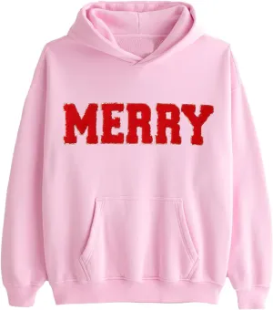 Womens Christmas Hoodie Merry Letter Printed Pullover Tops Oversized Long Sleeve Sweatshirts Xmas Holiday Tops