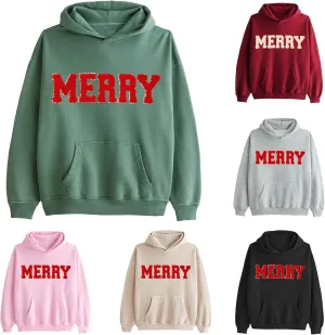 Womens Christmas Hoodie Merry Letter Printed Pullover Tops Oversized Long Sleeve Sweatshirts Xmas Holiday Tops