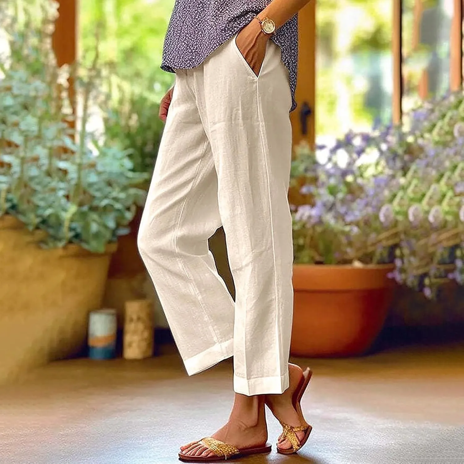 Women's Clothing Solid Elastic Pants Long Drawstring Linen Women Waist Cotton Casual Slacks Business Pants with Pockets