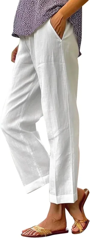Women's Clothing Solid Elastic Pants Long Drawstring Linen Women Waist Cotton Casual Slacks Business Pants with Pockets