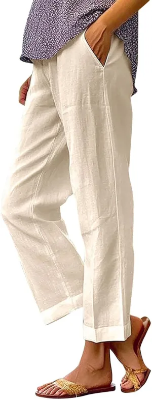 Women's Clothing Solid Elastic Pants Long Drawstring Linen Women Waist Cotton Casual Slacks Business Pants with Pockets
