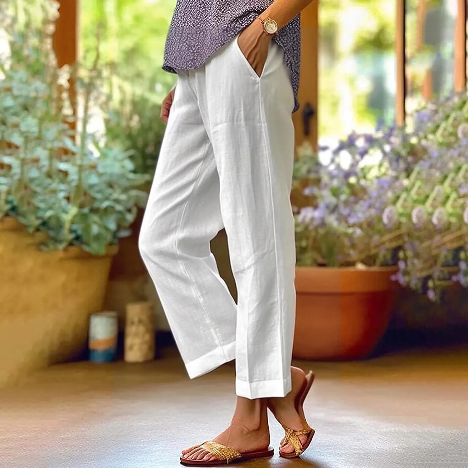 Women's Clothing Solid Elastic Pants Long Drawstring Linen Women Waist Cotton Casual Slacks Business Pants with Pockets