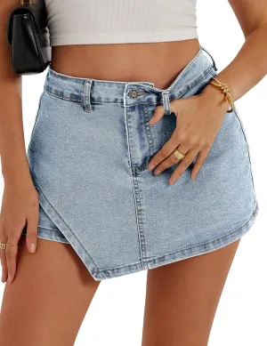 Womens Denim Skorts Stretchy High Waisted Jean Skort for Women Trendy Asymmetrical Mini Skirt with Shorts and Pockets