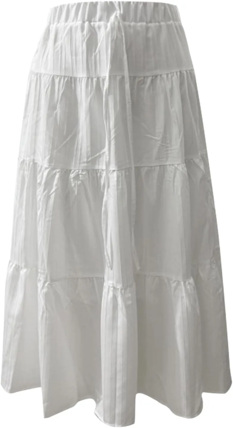 Women's Fashion Elastic Waist Tie Belt Loose A Line Skirt Button Midi Skirt